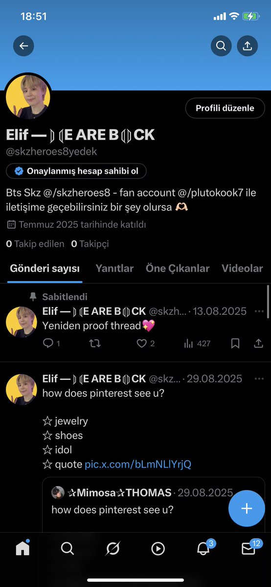 plutokook7's tweet image. Merhaba ben Elif, üçüncüye gittiği için hesaplarım artık burdayım rt atar mısınız mutoşlarımı bulabilmem için💜🙏🏻
