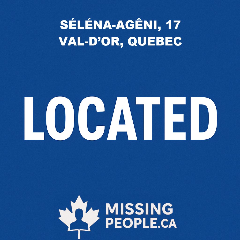 Missing_CA's tweet photo. ✅ LOCATED – SÉLÉNA-AGÊNI, 17
Missing 17-year-old Séléna-Agêni from Val-d’Or, Quebec has been located.
Thank you to everyone who helped by sharing the information.
#Located #ValdOr #Quebec #MissingGirl #CommunityUpdate #MissingPeopleCanada https://t.co/DrIONjZuX7