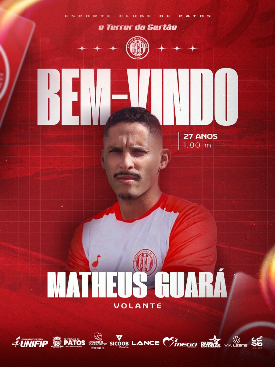 O 𝙈𝘼𝙂𝙄𝘾 GUARÁ VOLTOU! 🐺🪄✨️

Matheus Guará, de 29 anos, está de volta ao Pato para disputa do Paraibano 2026.

O atleta atua de meio-campista, já representou as seguintes equipes: Campinense-PB, CSP-PB, São Paulo Crystal-PB, Selenge Press da Mongólia e estava no Serra-ES.