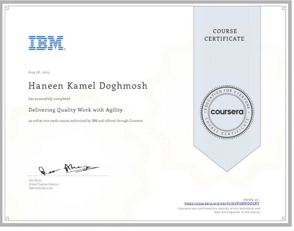 HaneenKamel2001's tweet photo. سعيدة جدا بمشاركة إنجاز جديد!  
لقد أنهيت مؤخرًا دورة تدريبية بعنوان 
Delivering Quality Work with Agility
 على منصة Coursera 
بالتعاون مع Future Skills Academy https://t.co/luU5ETqALG