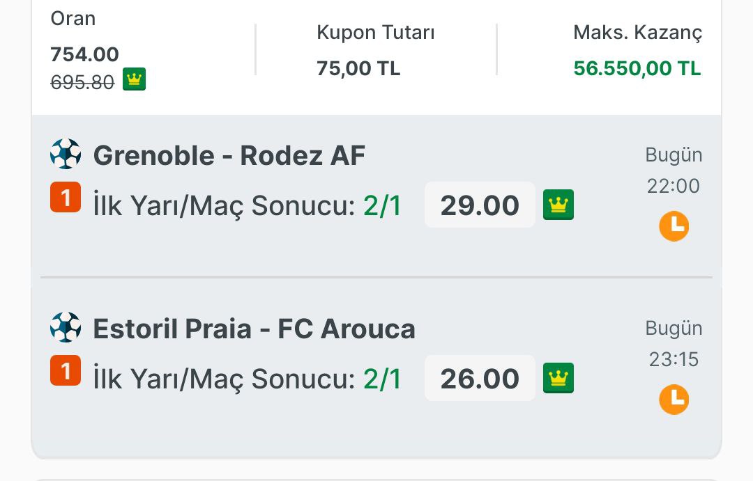 İYİ GECELER

Grenoble - Rodez AF   2/1---SKOR 3-2

Estoril Praia - FC Arouca    2/1