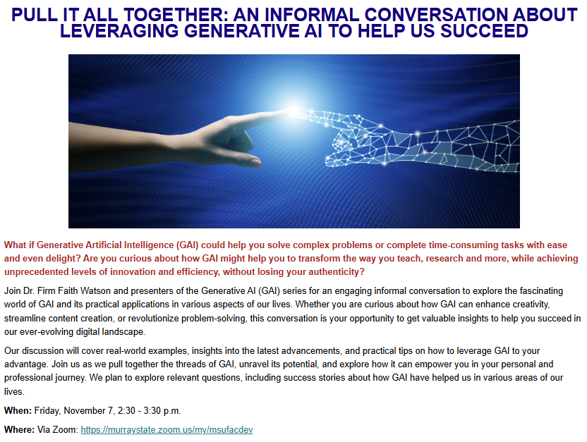 We won't let dreary weather keep us from a good GAI conversation! 

Join Dr. Watson and other presenters of the GAI series on Zoom at 2:30 pm this afternoon for this Informal Conversation and hear how you can use GAI to Succeed in the classroom!

Register: tinyurl.com/2025FALLREGIST…