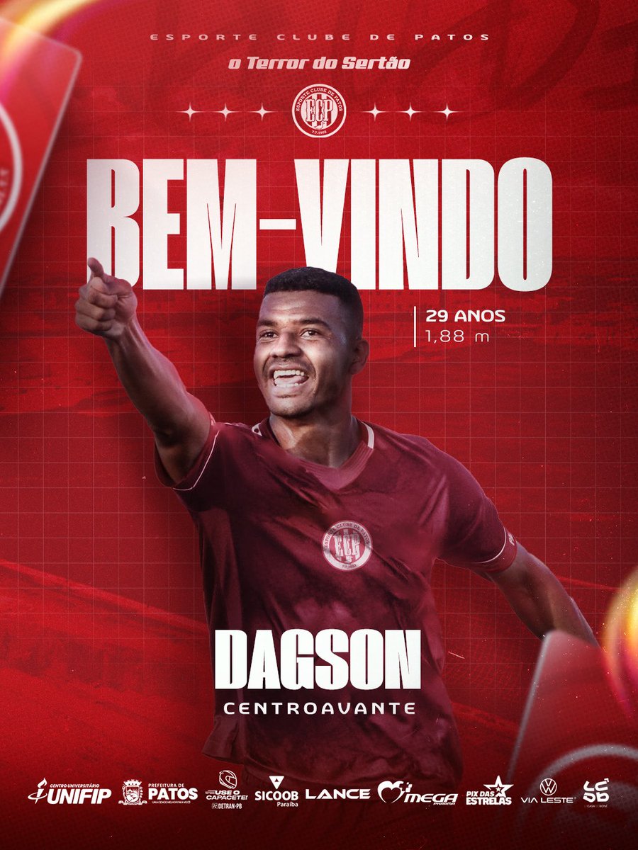 MEU ATAQUE ESTÁ ON! 😎👊

Dagson, de 29 anos, é o novo centroavante do Esporte para a disputa do  Paraibano 2026.

O novo centroavante alvirrubro já representou as seguintes equipes: Icasa, Moto Club, Santa Cruz, Parintins FC e recentemente estava na Desportiva Guarabira-PB.