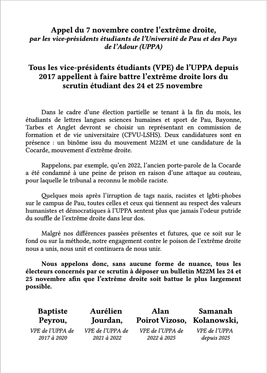 SamuelLegris's tweet photo. 🔴 Tous les vice-présidents étudiants (VPE) de l'@universite_uppa depuis 2017 appellent à voter pour le @M22M_UPPA_ lors du scrutin étudiant des 24 et 25 novembre afin que l'extrême droite soit battue le plus largement possible. https://t.co/pG5ZvvWJ1D