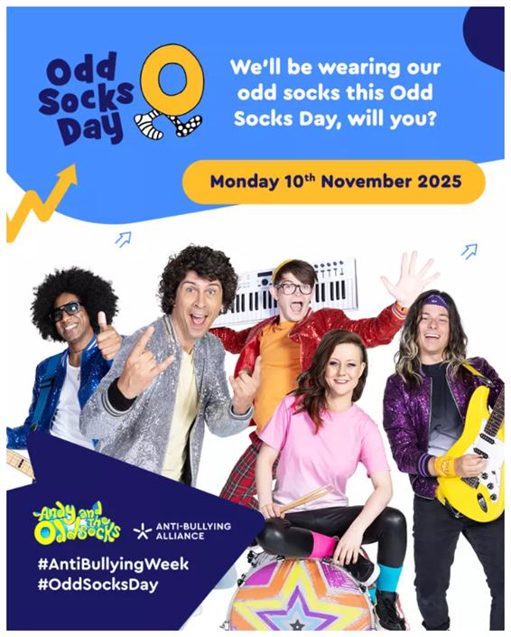 #OddSocksDay in Meadow Bridge will take place on Monday.

At the beginning of #AntiBullyingWeek and in an effort to embrace difference and celebrate unique personalities, all your child has to do to take part is wear odd socks to school as part of their uniform.

Thank you!