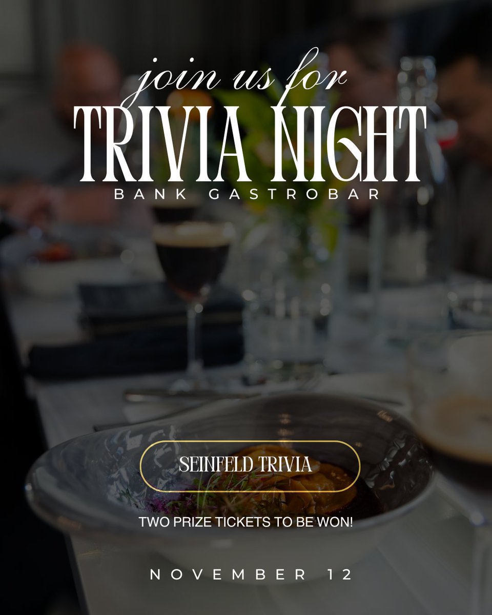 It’s trivia time at The Bank Gastrobar! This November, we’re diving into Seinfeld Trivia — Wednesday, November 12 at 6PM. 🍸
Email stacia@frontenacclub.com to reserve your spot.