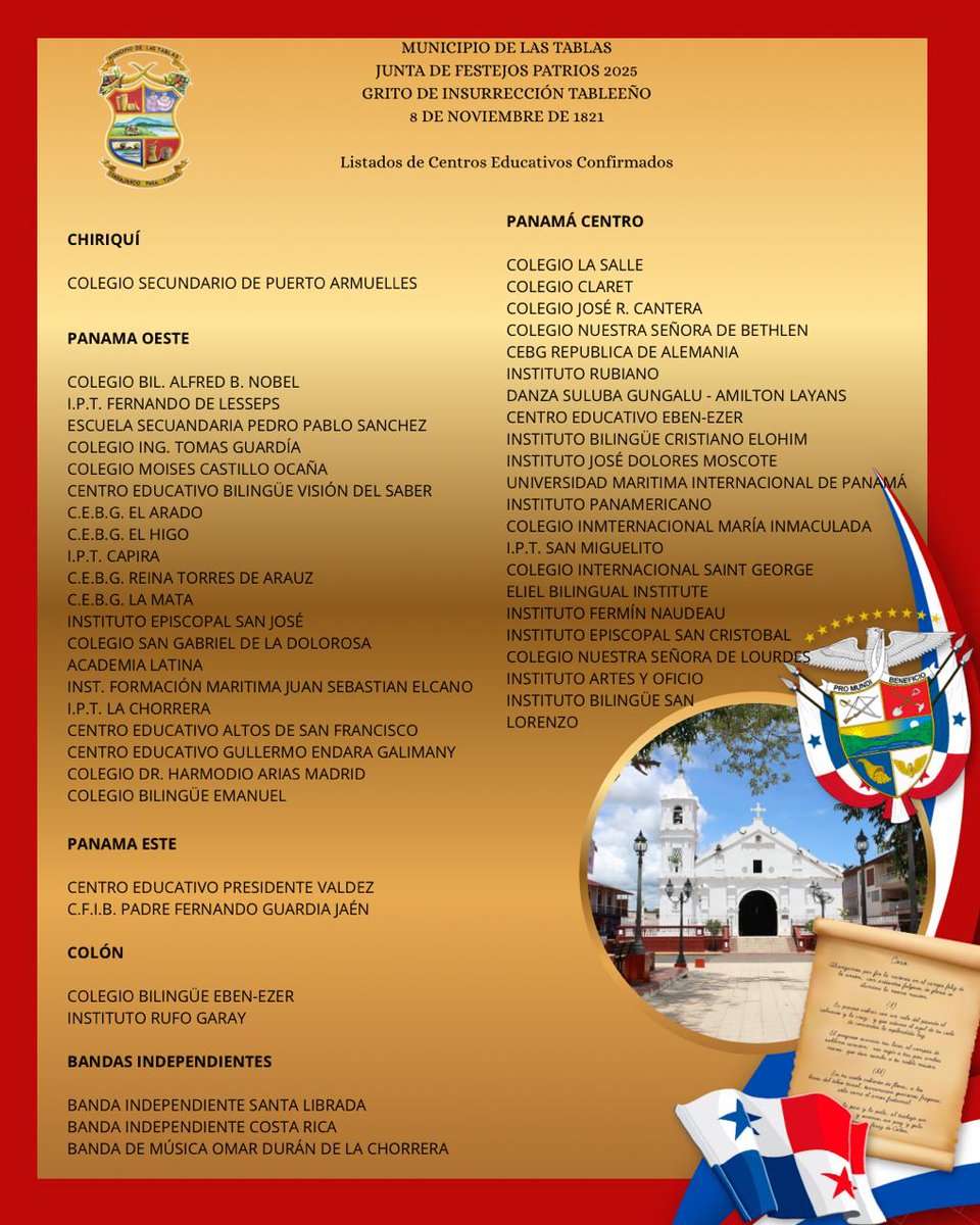 ¡Todo listo para
el Desfile Cívico Del 8 de
noviembre!
En honor al tradicional Grito de Insurrección Tableño del 8 de noviembre de 1821, compartimos el listado de colegios que han confirmado su participación en este magno evento.