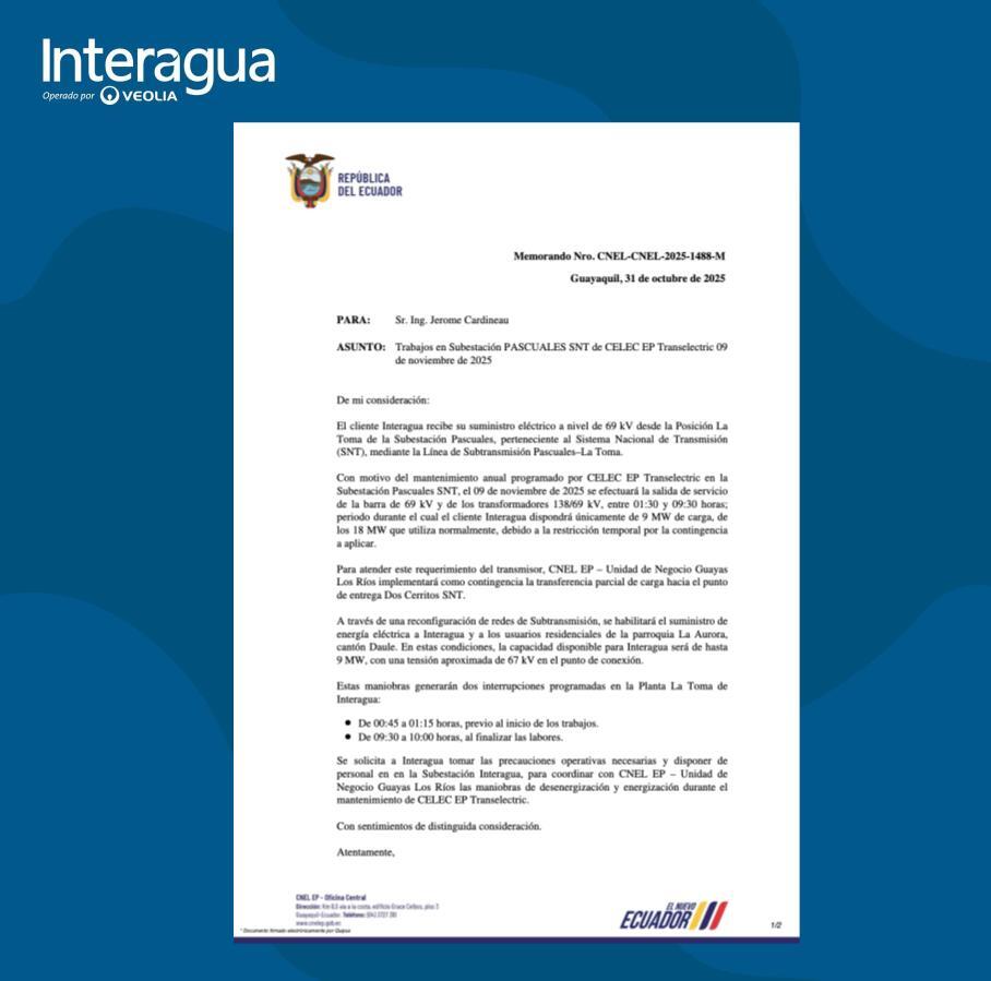 interagua's tweet photo. ¡IMPORTANTE! Suspensión de trabajos de CELEC - TRANSELECTRIC. 📢

Por este motivo, el servicio de agua potable de Interagua se entregará de forma continua durante todo el domingo 9 de noviembre.

Estamos a la espera de la confirmación sobre los trabajos en Vía a la Costa.

¡Gracias por su comprensión!