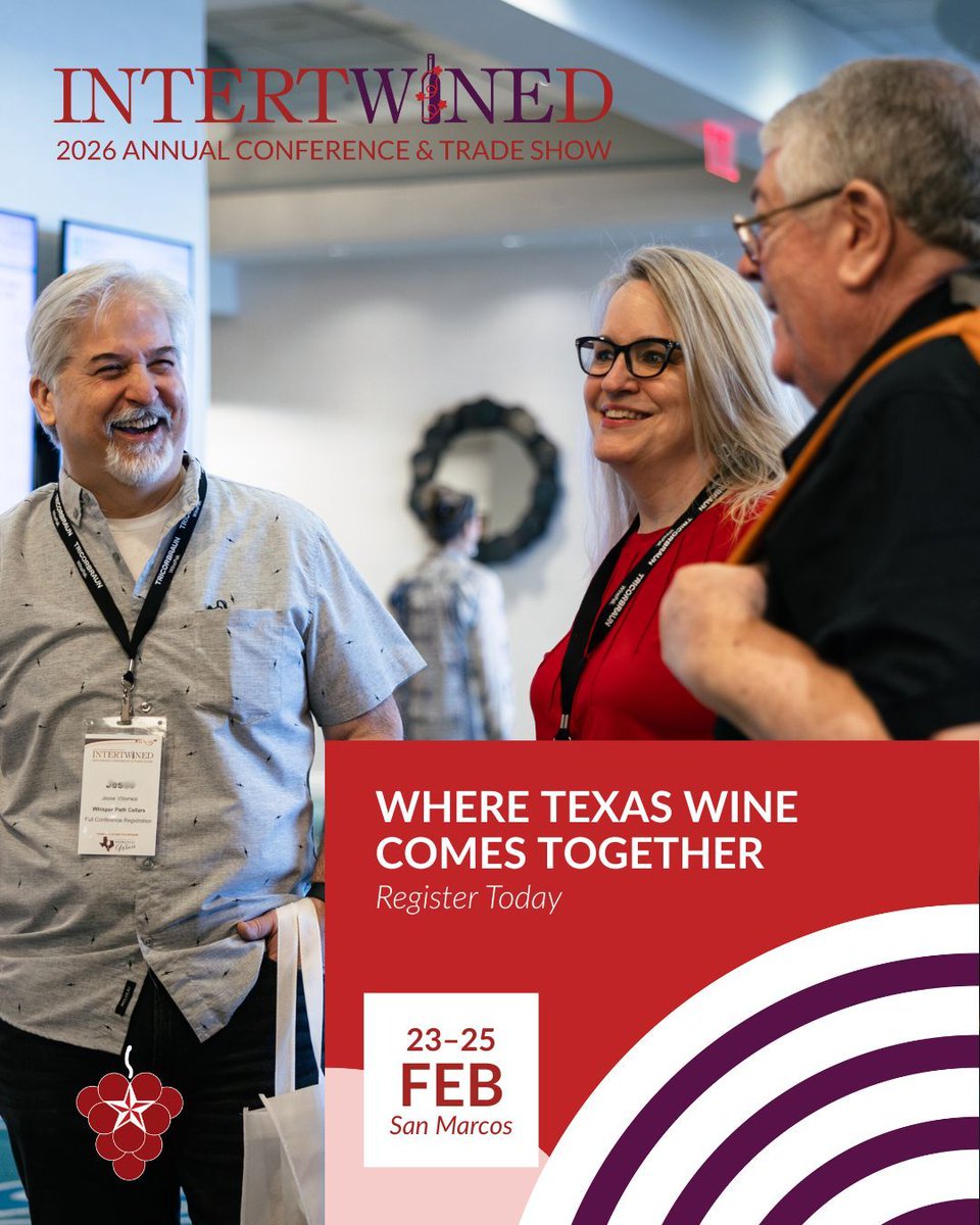 Texas wine thrives on collaboration—and nowhere is that spirit stronger than at IntertWINEd 2026, TWGGA’s Annual Conference &amp; Trade Show, February 23–25 in San Marcos. Register by November 24 to save and secure early access to ticketed tastings and events. buff.ly/aKgvibT