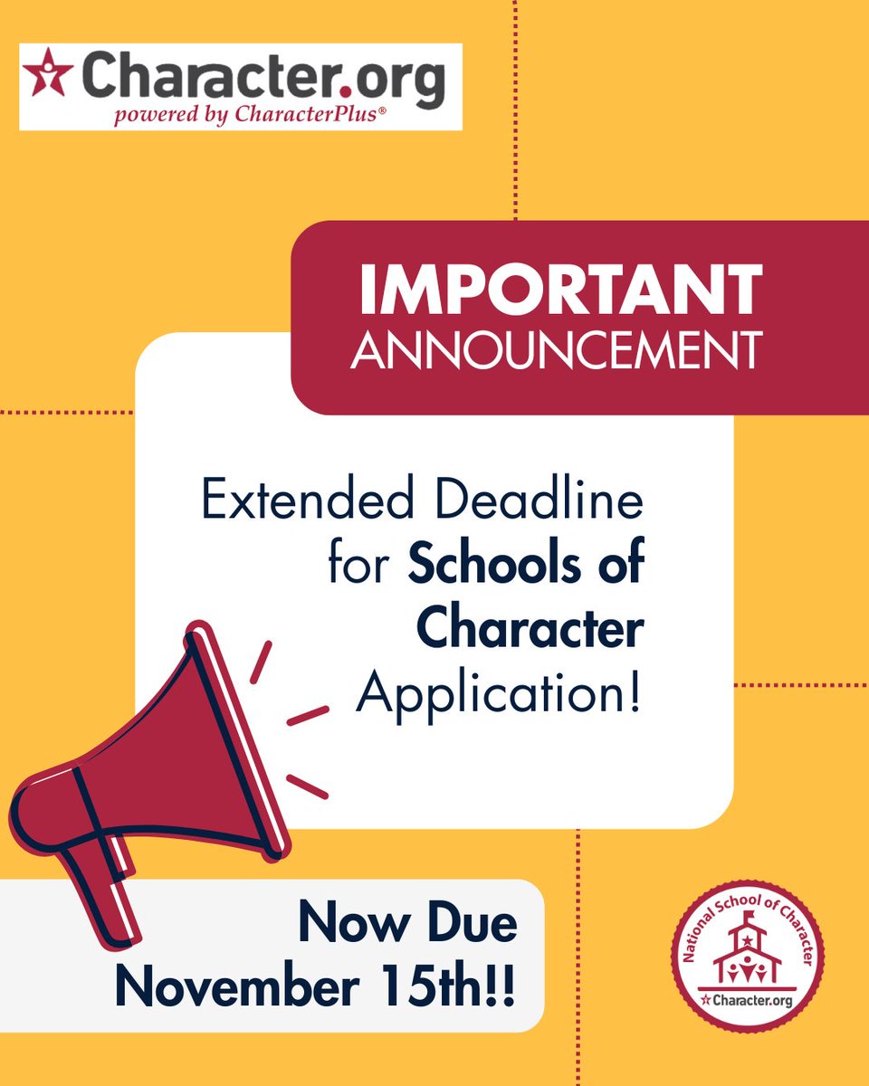 CharacterDotOrg's tweet image. School of Character applications now due on 𝗡𝗼𝘃𝗲𝗺𝗯𝗲𝗿 𝟭𝟱 by 11:59 EST. 📝  We can't wait to read about the inspiring character work in your schools and districts! ❤️ 💛 
#characterdotorg #CharacterPlus #schoolsofcharacter