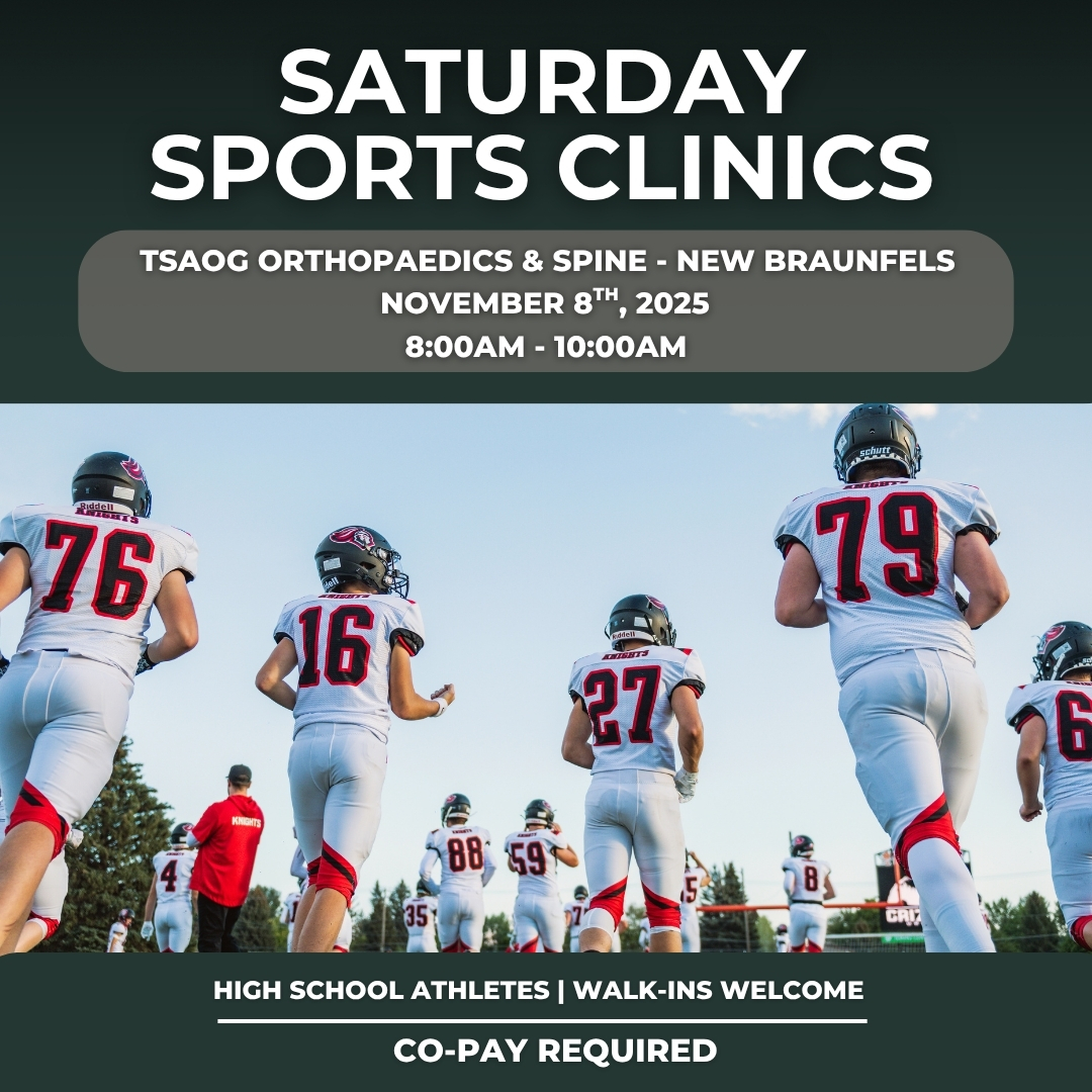 Got hurt this week? Don't wait it out!
TSAOG’s Saturday Sports Clinic is open November 8th in New Braunfels!

Our ortho team will treat your injury and get you back in the game!

📅 Saturday, November 8th, 2025
📍 TSAOG New Braunfels
🚪 Walk-ins welcome
💳 Co-pay required