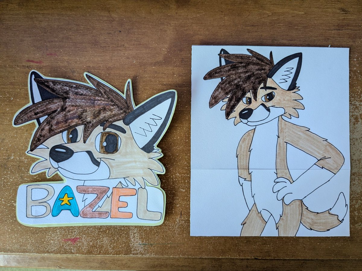 <a href="/BazelFox/">Bazel 🌸 🔜 ANE</a> Heya! Happy Friday!! 😄👋 OMG I really like your fursuit! It looks super adorable!! 😍😍😍
Plus, I made a badge &amp; artwork for you! Just needed to laminate those since it's almost done! 😄😄