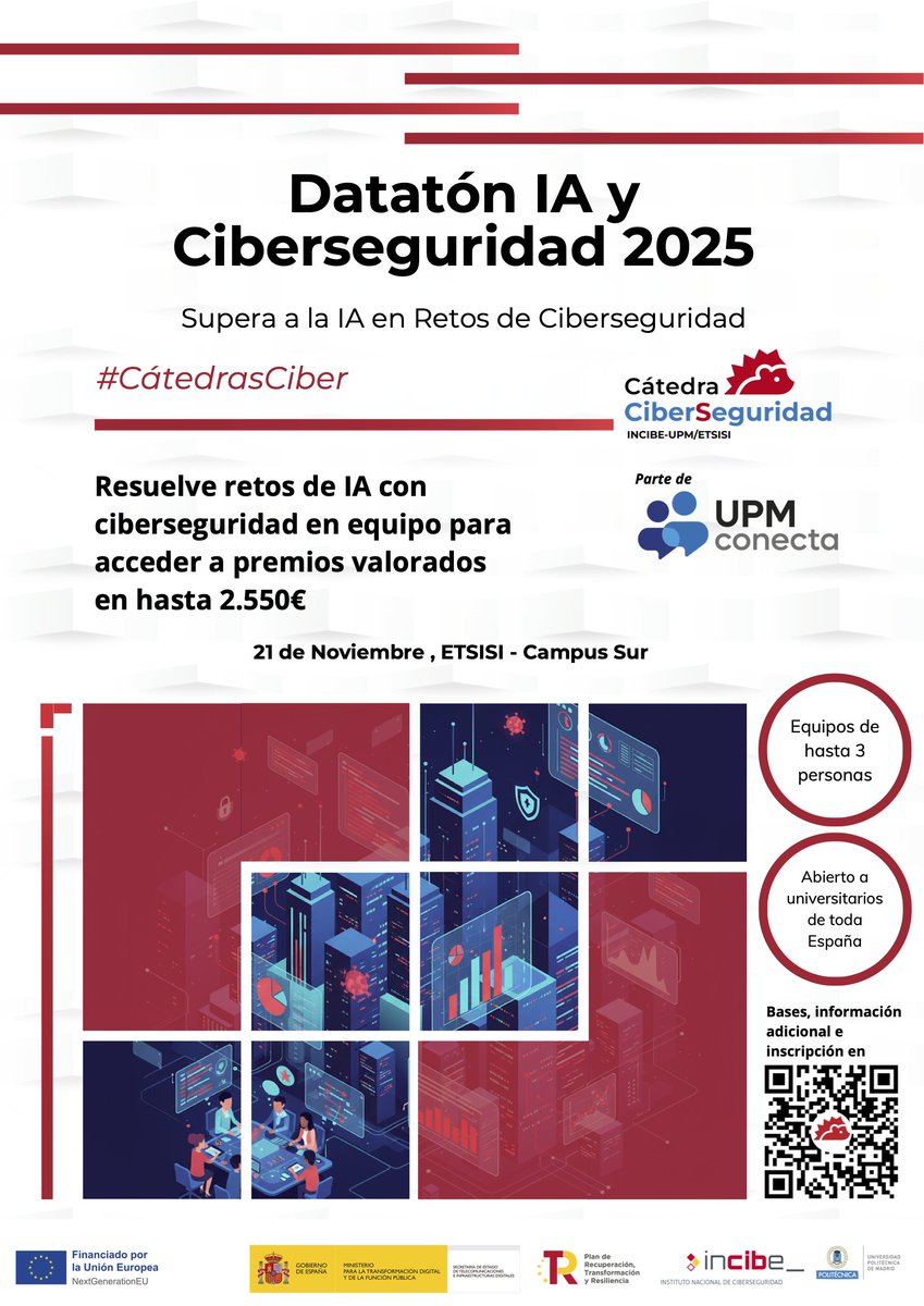 catedraciber's tweet photo. ¿Quieres demostrar tu interés por la ciberseguridad? ¡Apúntate a nuestras competiciones! (y además si lo haces bien te llevas premios!) Para más información ve a https://t.co/t4eQVRIAYF. Inscripciones hasta 9 de noviembre! #Catedrasciber #NextGenerationEU https://t.co/VbQnbZBA3m