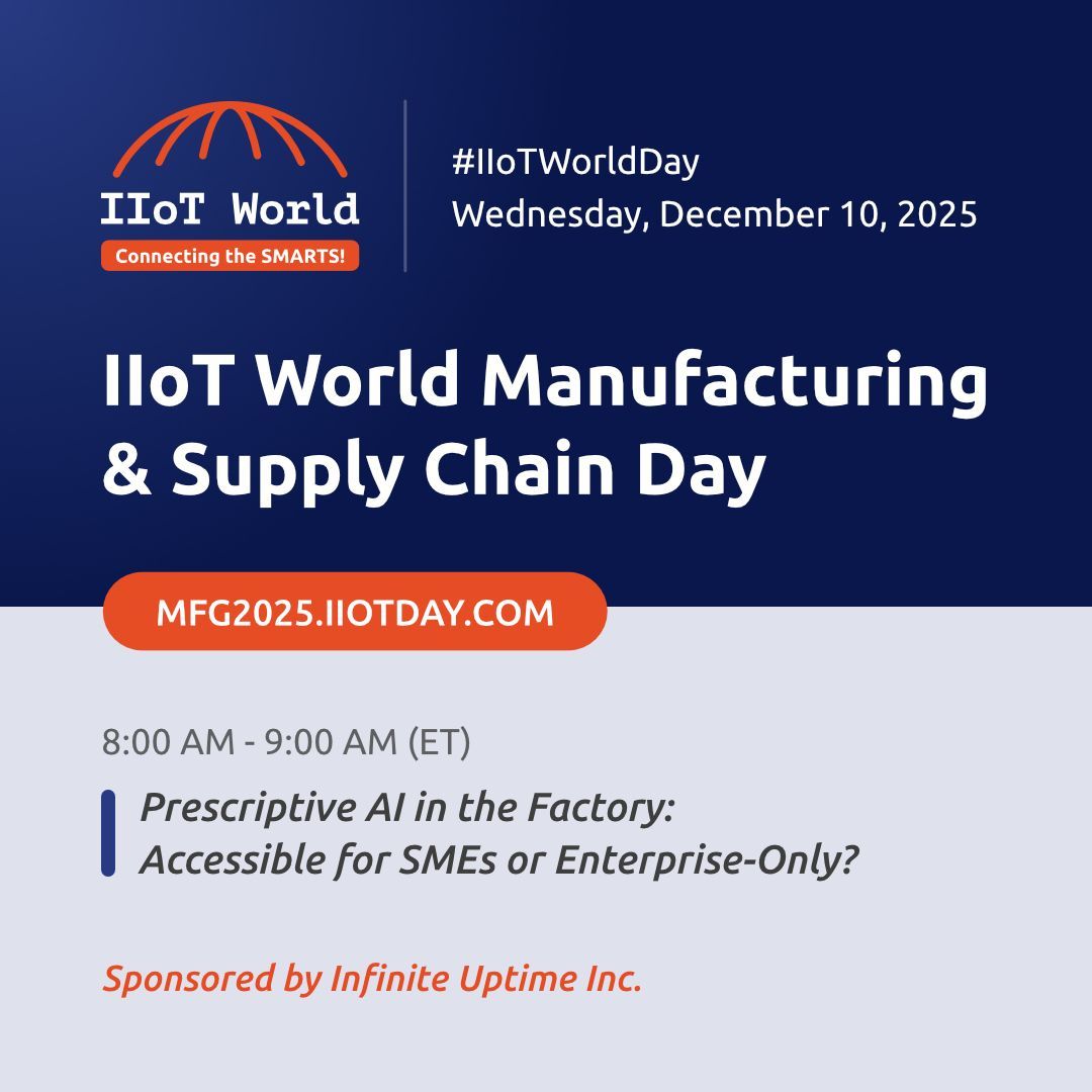 98% of U.S. manufacturers are small businesses.
But most say AI is too expensive or too complex to deploy.
Find out more at #IIoTWorldDay, Dec 10, 8:00 am - 9:00 am EST. buff.ly/xWehpzJ 

#sponsored #infinite_iiot #SmartManufacturing #AI <a href="/AI4ProdOutcomes/">Infinite Uptime Inc.</a> <a href="/IIoT_World_Days/">IIoT World Days</a>