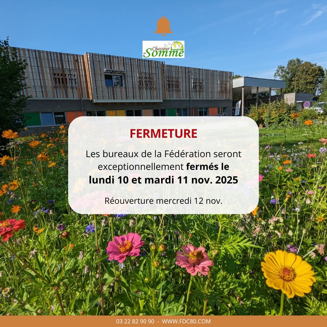 [ BUREAUX FERMÉS ] 🏢

Les #bureaux de la Fédération des chasseurs de la Somme seront exceptionnellement #fermés 𝐥𝐮𝐧𝐝𝐢 𝟏𝟎 𝐞𝐭 𝐦𝐚𝐫𝐝𝐢 𝟏𝟏 𝐧𝐨𝐯𝐞𝐦𝐛𝐫𝐞, à l'occasion de l'#Armistice.