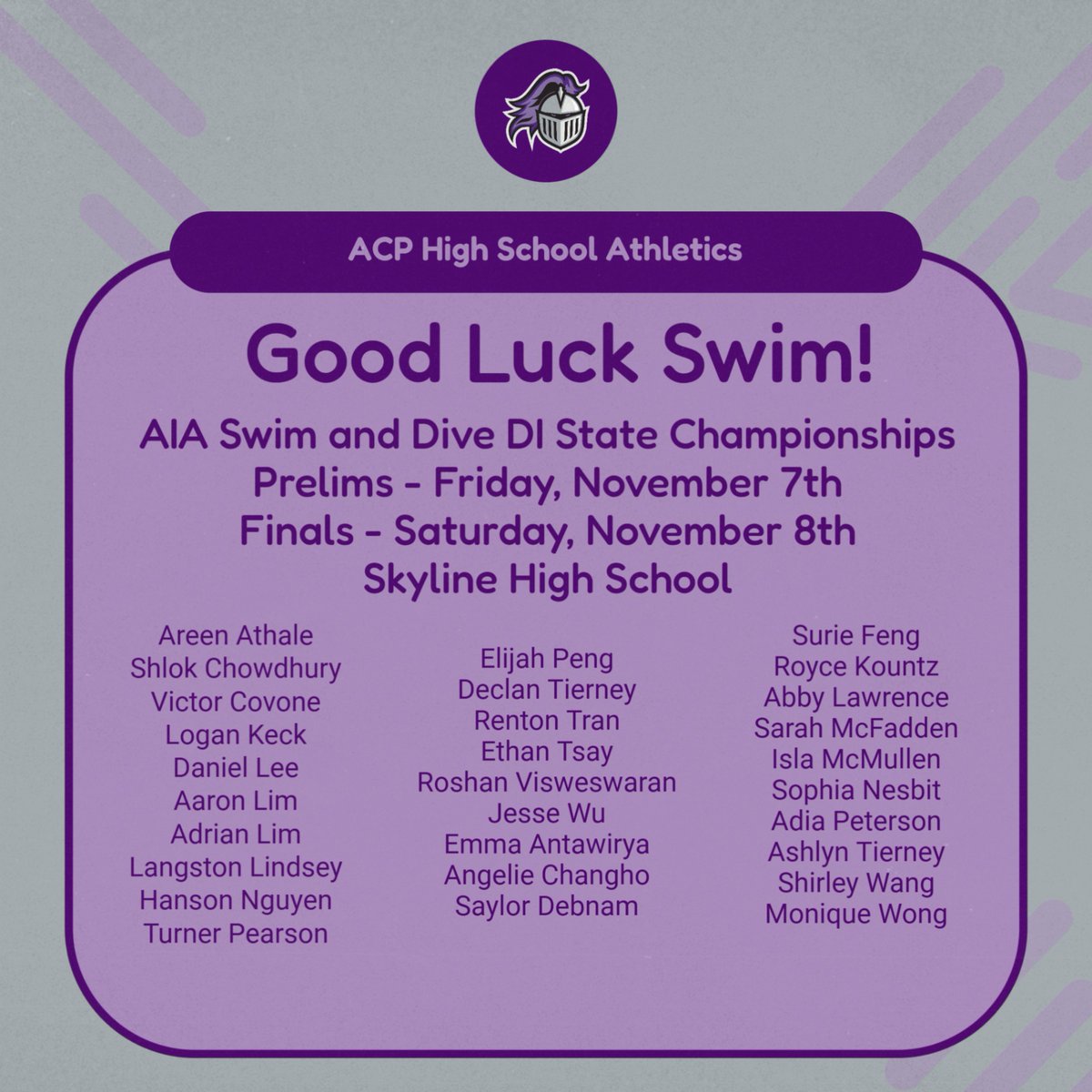 ACPAthletics's tweet photo. Best of luck to our ACP Swim Team as they compete at the AIA State Championships today and tomorrow!
Your dedication, teamwork, and relentless drive in the pool have prepared you for this moment! #GoKnights #AIAState #ACPSwimAndDive #GoodLuckKnights @cusdathletics https://t.co/1bsPlnFuz5