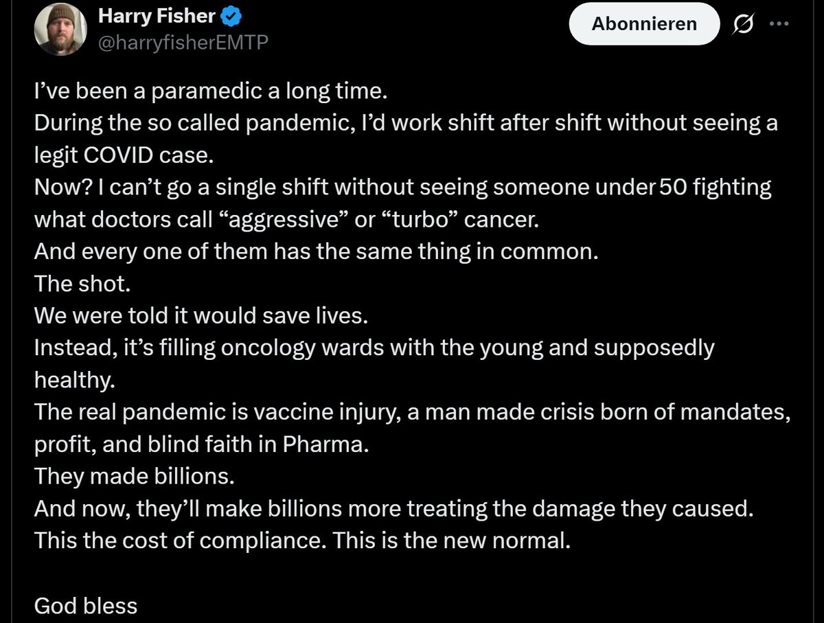 Ich bin schon lange Rettungssanitäter.
Während der sogenannten Pandemie arbeitete ich Schicht um Schicht, ohne einen einzigen echten COVID-Fall zu sehen.
Und jetzt? Ich kann keine einzige Schicht erleben, ohne jemanden unter 50 zu sehen, der gegen das kämpft, was Ärzte als