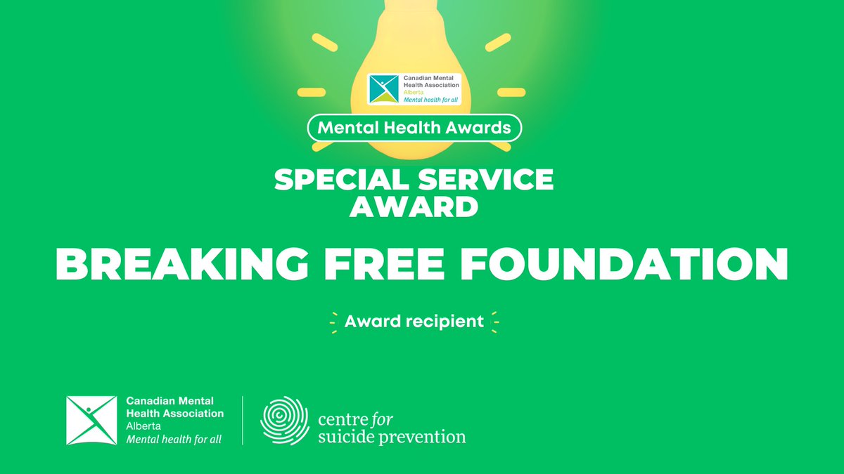 CMHA_AB's tweet image. The @BreakingFreeFdn is the winner of the CMHA Alberta Special Service Award, which is given to an organization which has aided CMHA Alberta through financial or special service. Learn more: alberta.cmha.ca/cmha-alberta-a…