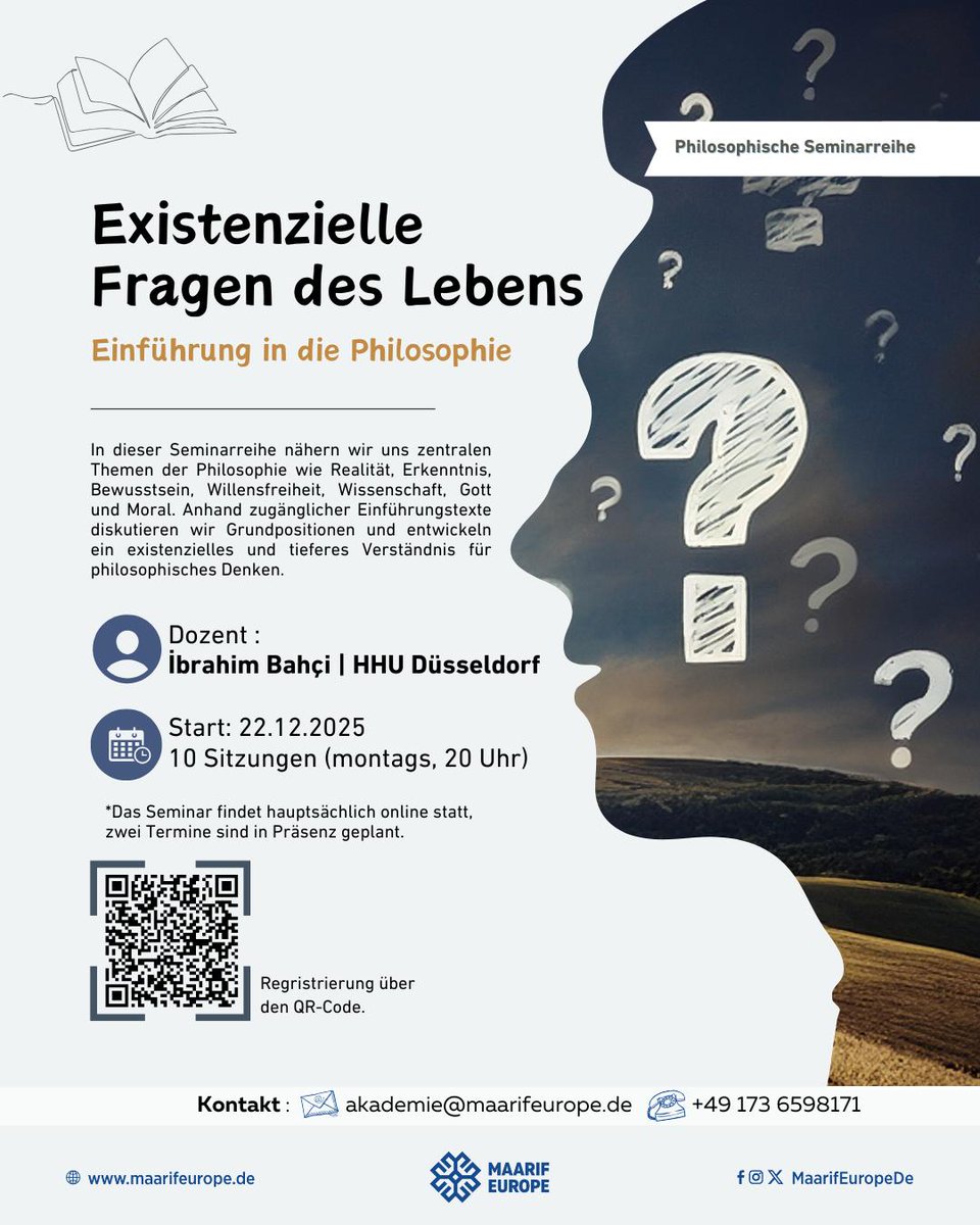 Almanca Felsefeye Giriş serimizin afişi hazır, kayıtlar başladı, dolmadan kayıt linki 👇

🇩🇪 Existenzielle Fragen des Lebens: Einführung in die Philosophie 📚

Was ist Realität?
Was können wir Wissen?
Ist unser Bewusstsein und die Willensfreiheit eine Illusion?
Existiert Gott?