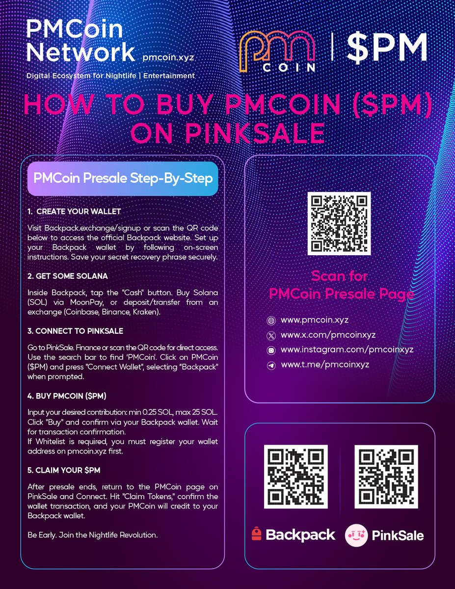PMCoinXYZ's tweet image. Ready to join the PMCoin movement? 🚀 
Here’s your quick guide to buying PMCoin using Backpack wallet — secure, simple, and fast! 🎒 

#PMCoin #CryptoHowTo #BackpackWallet #SolanaEcosystem #Web3Community #Presale #DigitalAssets #Solana #nightlife #Pinksale #Presale #1000x…