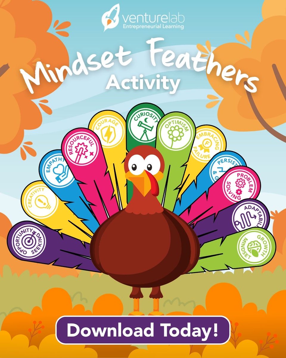 🦃 FREE DOWNLOAD!
Our Mindset Feathers activity teaches kids to recognize entrepreneurial mindsets while practicing gratitude. It's the most unique, skill-based holiday activity you'll find.
Get your copy for your class or kids today! 👇
venturelab.org/blog/thankful-…
 #Freebie #Mindset