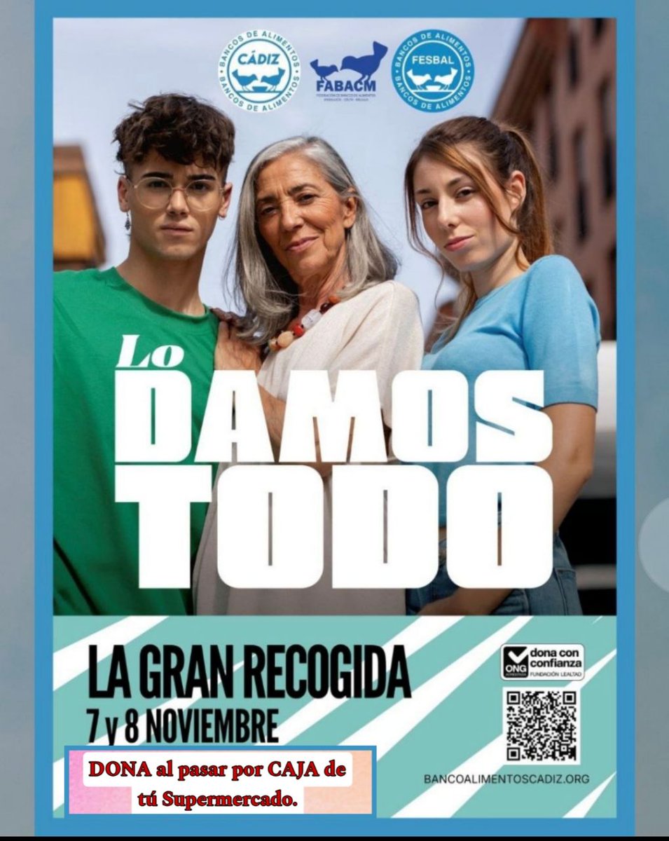 Gran Recogida  7 y 8 de Noviembre: DONA al pasar por CAJA de tu supermercado, por BIZUM al 38020 y en bancoalimentoscadiz.org
#agradecimientosbac 
#lodamostodo
#GranRecogida2025
#solidariossiemprebac 
#voluntariadobacadiz 
#bizumbac38020 
#bancoalimentoscadiz