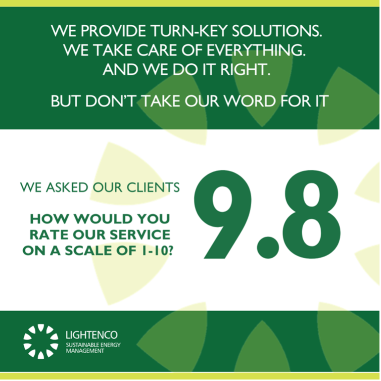 We asked our clients to rate their experience with Lightenco, and they gave us a stellar 9.8/10! 

Thank you for trusting us to help power a brighter, greener future! 

#ClientFeedback #SustainabilityGoals #Lightenco #ThankYou