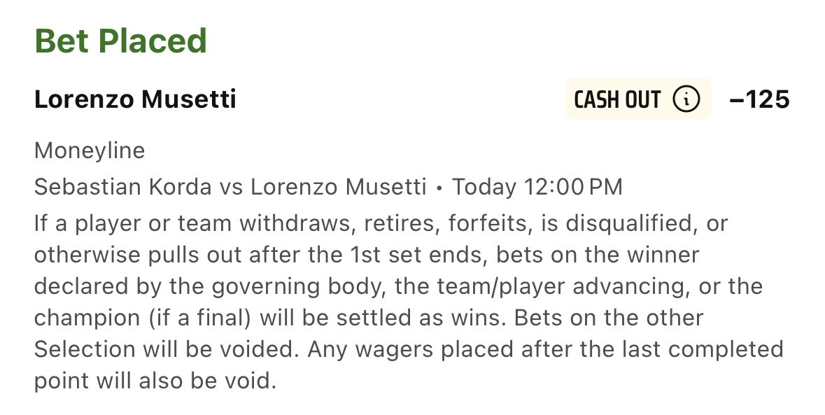 ATP 🎾

Lorenzo Musetti ML (1.5%) 

Fading the public dawg in a must win scenario for Musetti. I’m going to ignore Korda’s last match against Kecmanovic, largely because he’s a lazy player and his movement and overall game is nothing compared to what Musetti will bring. If