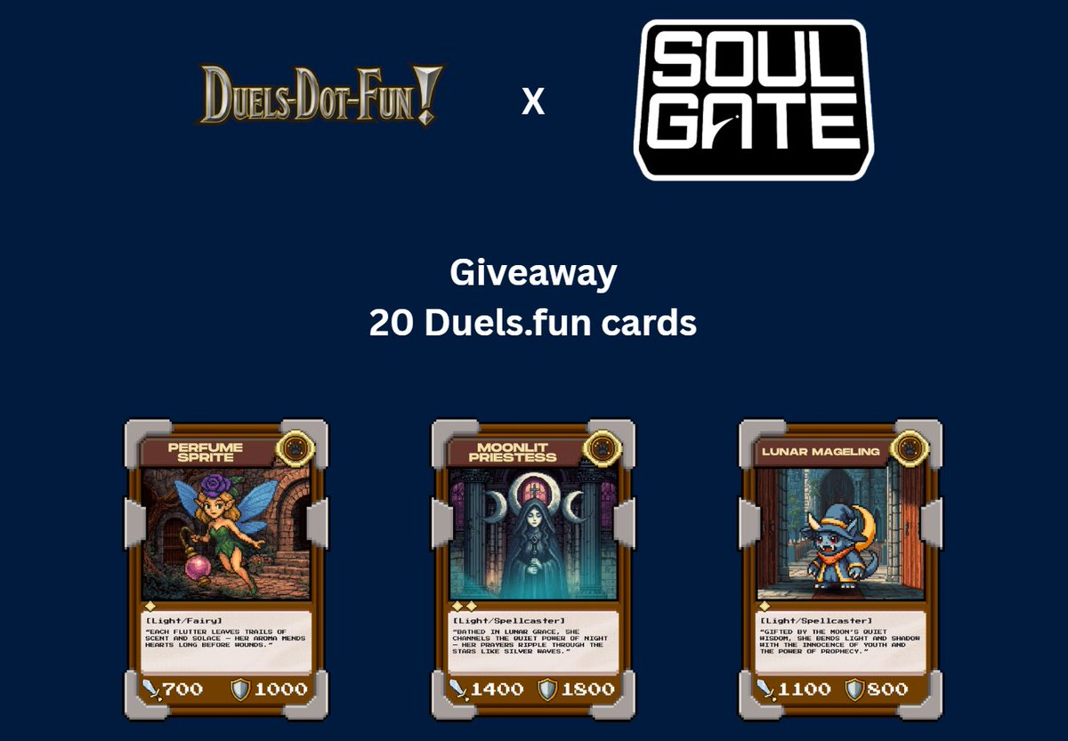 Collab x <a href="/DuelsDotFun/">duels.fun</a> 

Another fellow TCG built on Solana? We figured let's join forces 🤝

GIVEAWAY
⚔️Follow both projects
⚔️Join both Discords
⚔️RT/Comment this post

20 DuelsDotFun cards 🃏