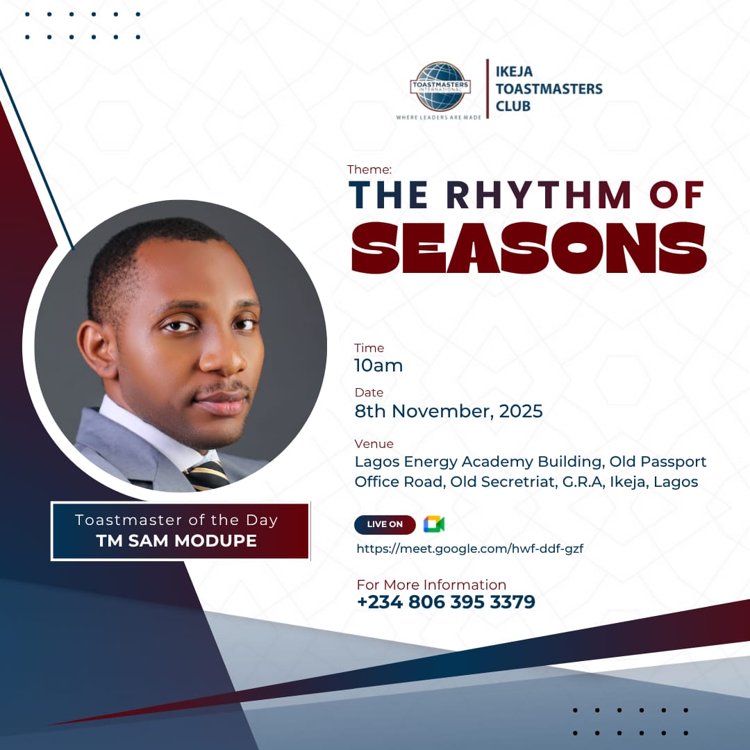 IkejaTMNigeria's tweet photo. Join us this Saturday, Nov 8, 2025, at 10 AM for a heartwarming Toastmasters meeting themed Rhythm of Seasons 🎶❄️

✨ Inspiring speeches
✨ Table Topics
✨ Meaningful connections

📍Hybrid | 🕙 10 AM
🔗 https://t.co/NiodYHDWBW

Come reflect, learn, and connect with us! https://t.co/EZguAU5jTp