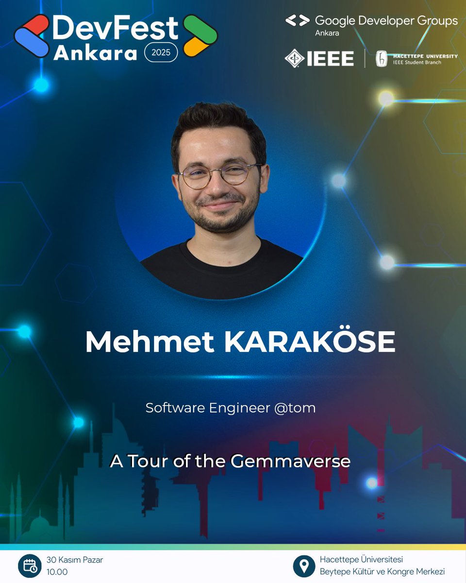 🚀 DevFest Ankara 2025’in sıradaki konuşmacısını açıklıyoruz!

TOM bünyesinde Software Engineer olarak görev yapan Mehmet Karaköse, sahnede! 🎤

Ankara sahnesine Gemma fırtınası geliyor! 🌪️
✨ “A Tour of the Gemmaverse” adlı sunumuyla katılımcılara açık kaynak büyük dil
