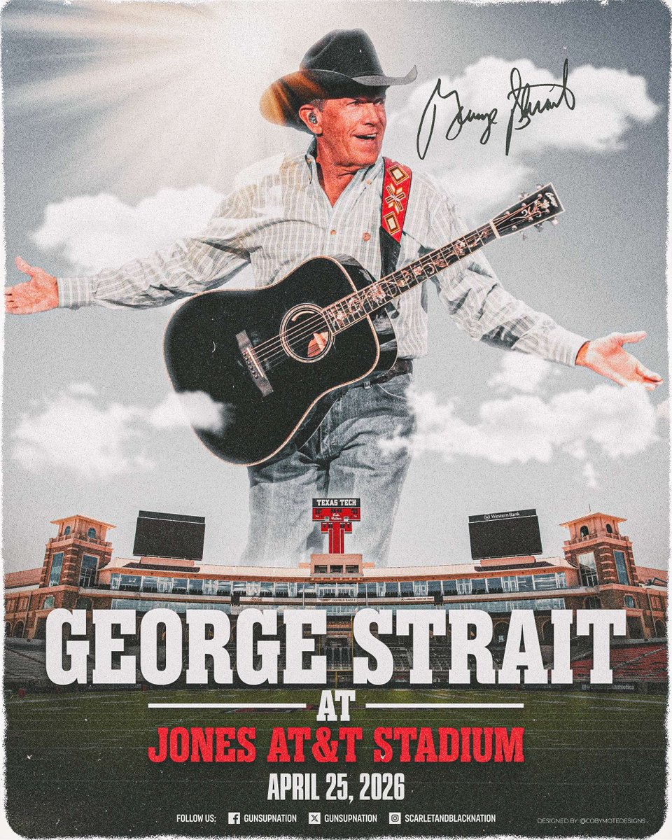 gunsupnation's tweet image. 👑 The King of Country Music is coming back to Lubbock! George Strait will take the stage at Jones AT&amp;amp;T Stadium for one night only on April 25, 2026! He will be joined by Miranda Lambert and Hudson Westbrook! 🎶🤠