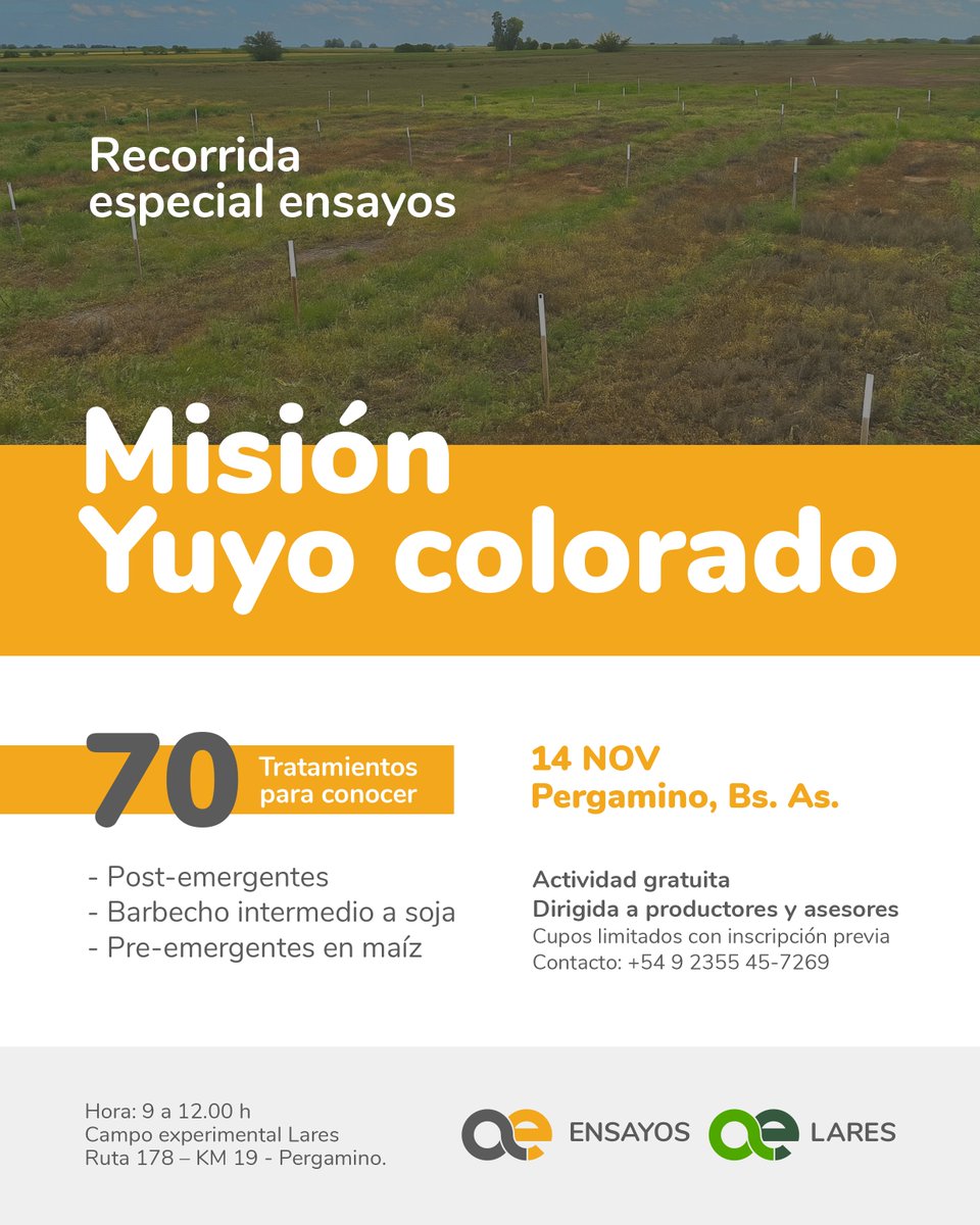 Jornada Misión #Yuyocolorado🌿 

Una recorrida especial de ensayos en el #CampoExperimentalLares (Pergamino) para conocer alternativas de control y compartir experiencias de manejo.

🗓️14 de noviembre | 🕘 9 a 12 h
 Inscribite 👉 forms.gle/qCMyKfZTqMfof3…