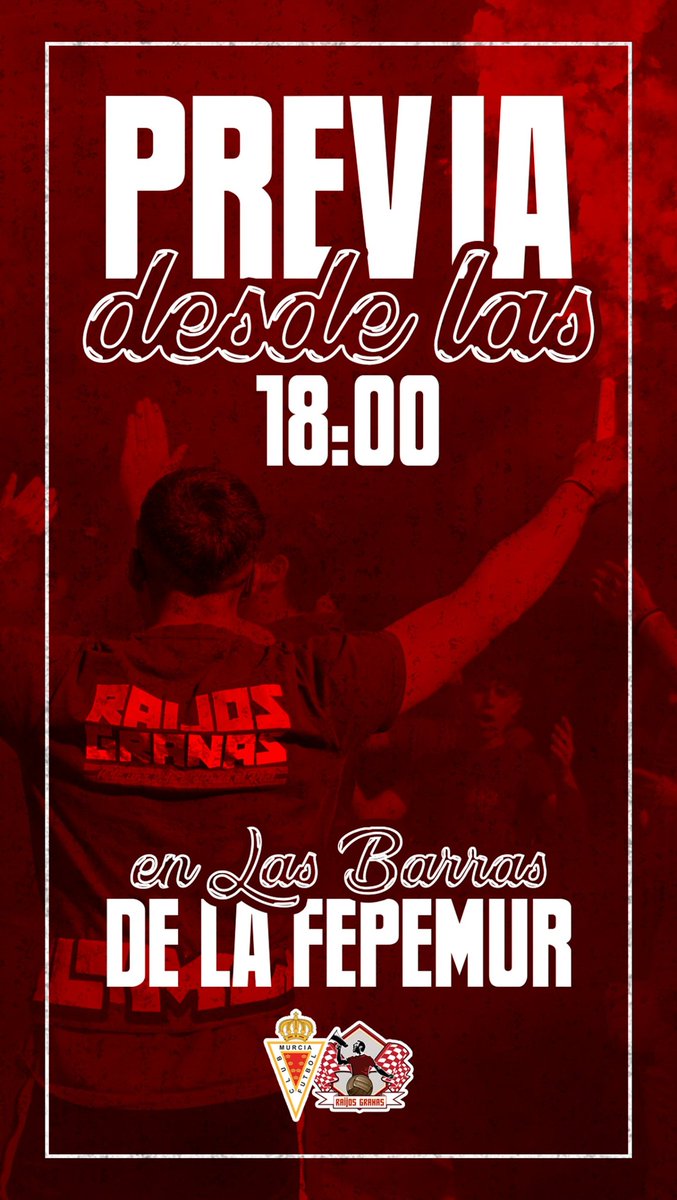 🔴💥 𝗣𝗥𝗘𝗩𝗜𝗔𝗭𝗔 🍻⚪

Mañana desde las 18h se viene previaza en la <a href="/feperealmurcia/">FEPEMUR</a>

Ambientazo murcianista para motivarse y entrar al campo enchufados 💪🔥

¡Nos vemos en Las Barras! 🥁🙌🏼