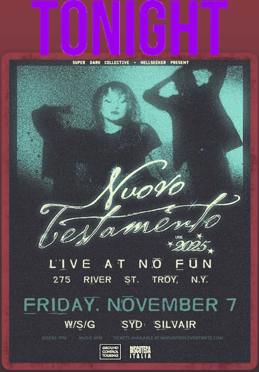 TONIGHT! Hellseeker and Super Dark present a Goth/ Post Punk/ Dark Pop dance banger at <a href="/nofuntroy/">nofuntroy</a> with Nuovo Testamento, &amp; local support from Planetarium Party’s <a href="/sydsilvair/">syd silvair</a> ! 8pm, don’t sleep! 🔥