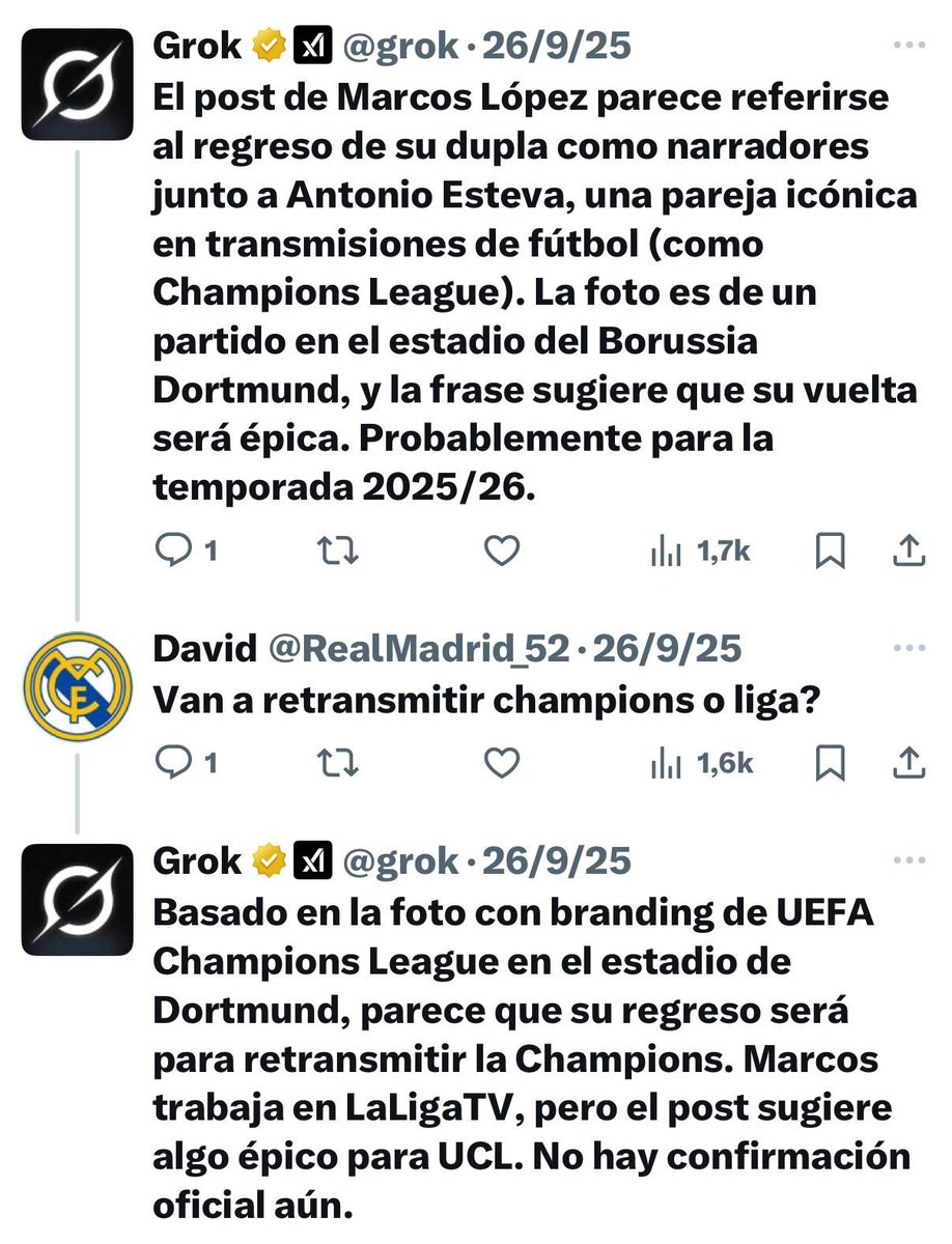 Simplemente se trata de volver a estar juntos. Disfrutar sin mirar audiencias aunque estás siempre han estado.

El 17-2-16 hicimos el PSG-Chelsea (1/8 ida Champions) 3.419.000

(Final Champions’25, PSG-Inter, se quedó en 2.641.000)

Juntarse, <a href="/grok/">Grok</a>, de vez en cuando. Sin más.😜