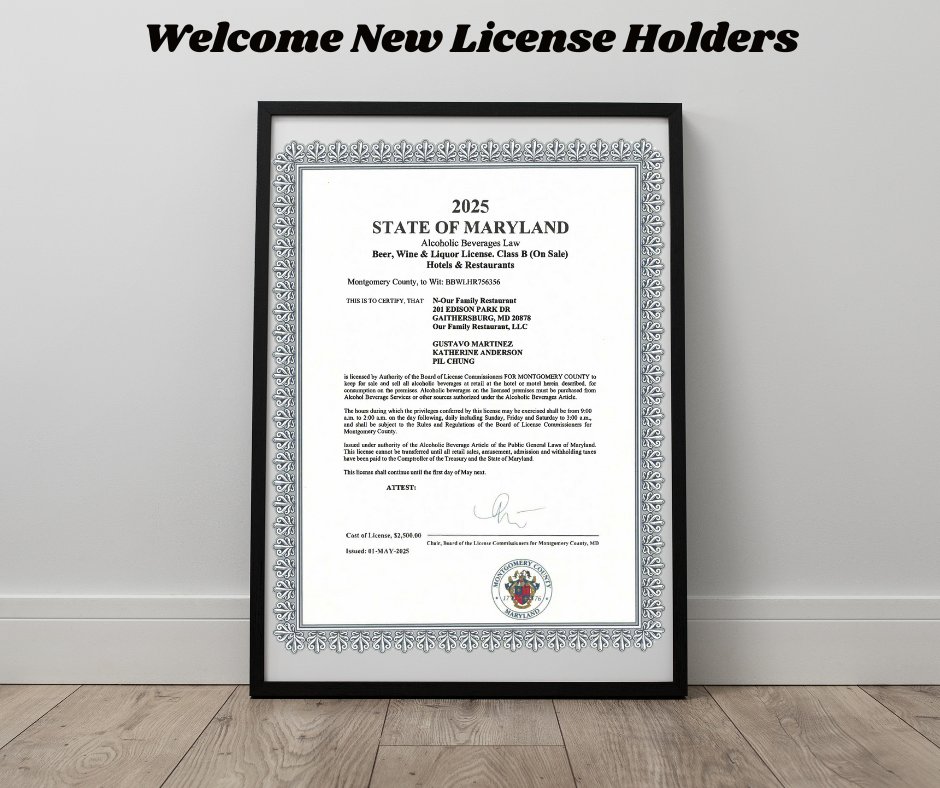 Congratulations to the #ABSNewLicenses:
Silver Spring Sichuan Bistro, Silver Spring
Bedford Court, Silver Spring
Olney Ale House, Olney
Euphoria Kitchen, Gaithersburg
Akagi, Rockville
Authentic African Restaurant, Germantown