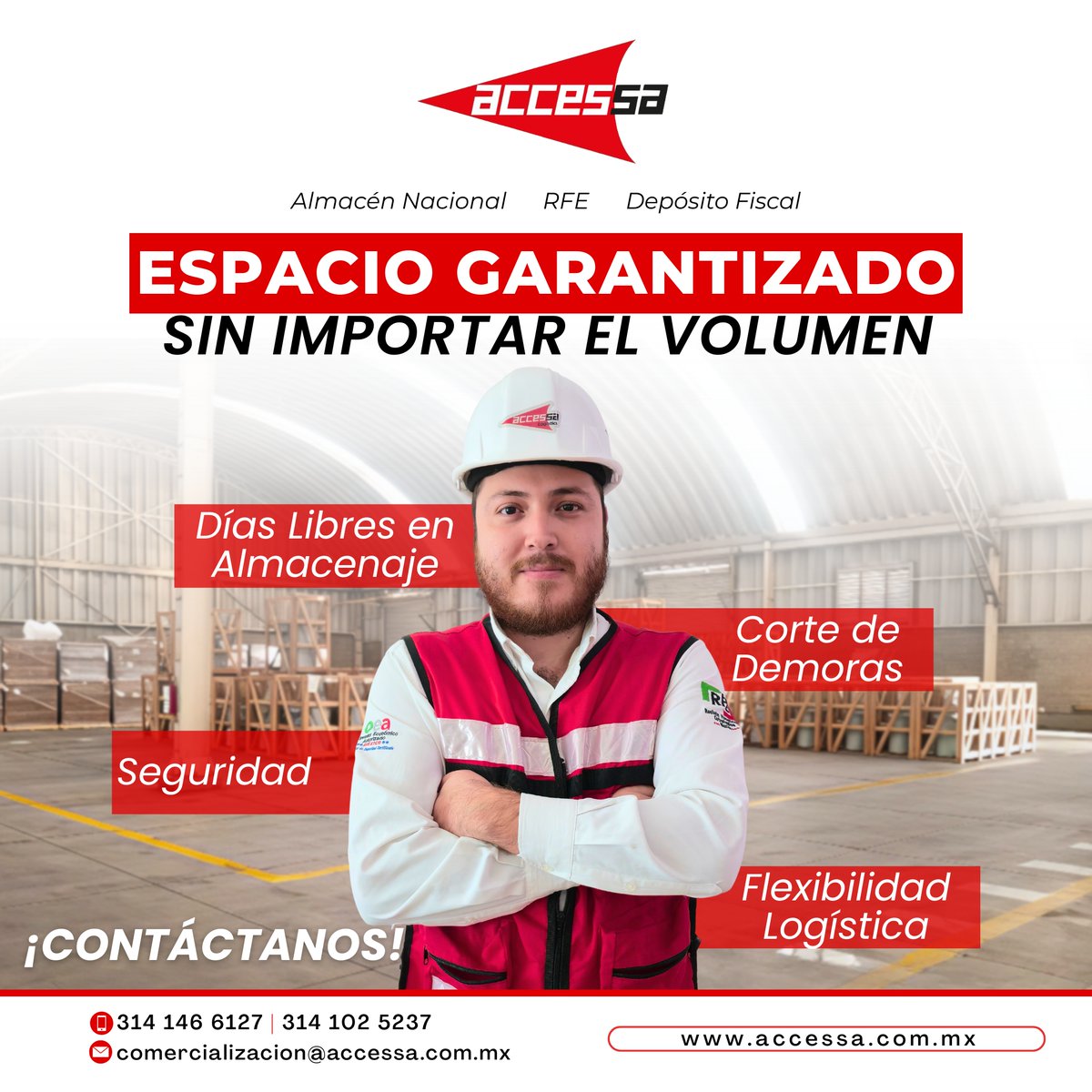 AccessaLogistic's tweet image. 📦 ¿Necesitas espacio para tu mercancía? ¡Lo tenemos!

#EspacioGarantizado sin importar el volumen de tu carga. Además, disfruta de días libres en almacenaje y opera con total seguridad.

📍 Cortamos tus demoras y te damos flexibilidad logística.

📞 314 146 6127 | 314 102 5237