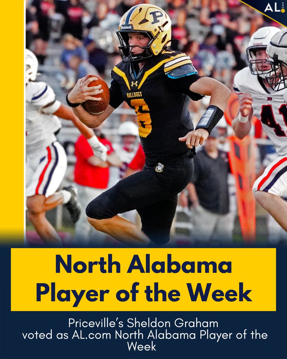 Congratulations to Priceville's Sheldon Graham, who has been voted as the the North Alabama Player of the Week.

Graham went 11-for-14 passing with 199 yards and a touchdown while running for 89 yards and two touchdowns in Priceville’s 42-21 road victory over Arab last week.