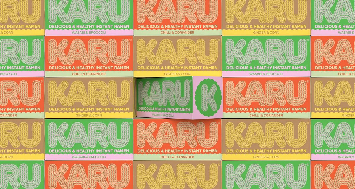 PENTAWARDS's tweet image. Jeremy Traun&apos;s #packagingdesign for Karu Ramen. Oversized typography and bold colour contrasts make each pack instantly recognizable. A playful nod to noodles, the colour-coded grid turns every flavour into a collectible. #DailyDesignInspiration