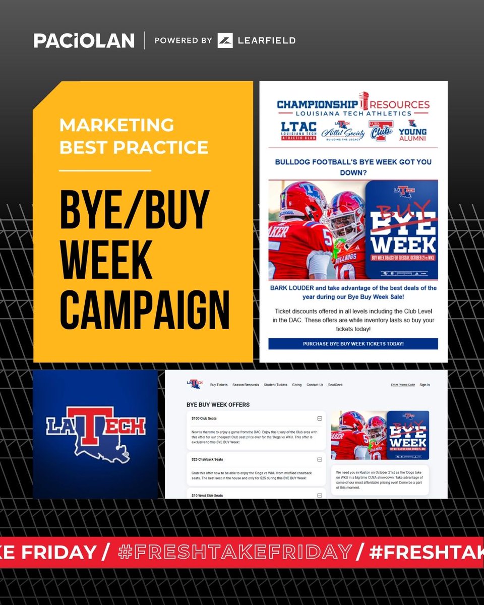 PaciolanTix's tweet photo. #FreshTakeFriday 💡 @LATechFB turned a bye week into a buy week! 

Using #PACLive promos, they rolled out exclusive offers that kept fans engaged even without a game.🔥

 👏 Shoutout Bret Guice &amp; Michaela Patt!

 👉 https://t.co/S7XctvnF4y
 #PACcommunity #PACBestPractices #HBTD https://t.co/yo2CY293tv