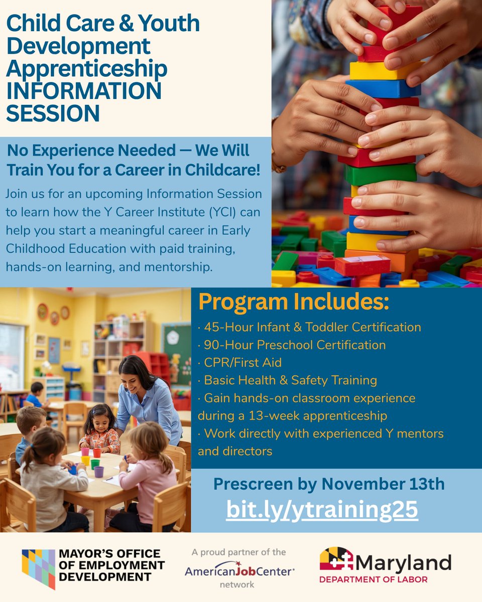 FREE CHILDCARE TRAINING! Our partners are offering FREE training to help you earn Maryland State Department of Education(MSDE) credentials. 🙌🏽

Closing registration date: November 13th

Prescreen here ➡️ bit.ly/ytraining25

Please note: slots are limited!