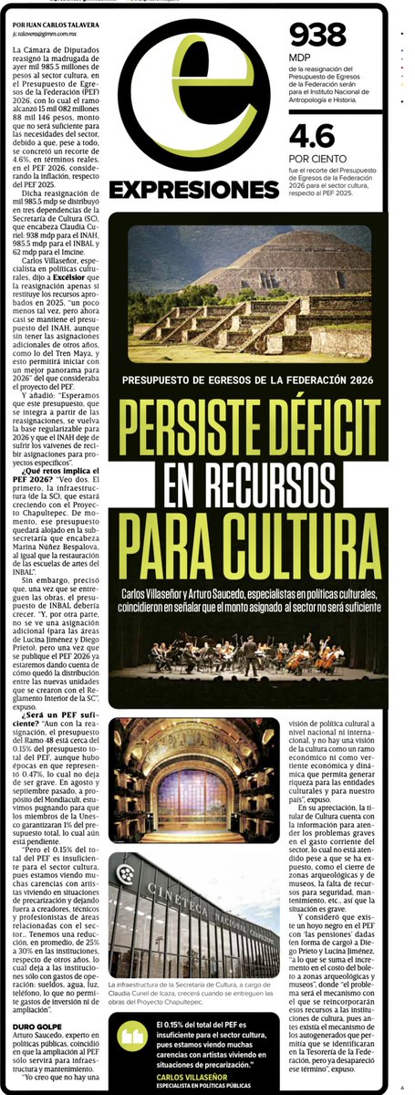 Persiste déficit en recursos para cultura en el PEF 2026
excelsior.com.mx/expresiones/pe…