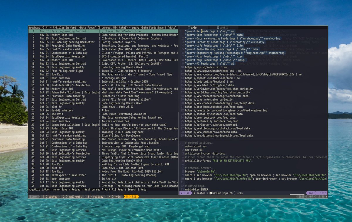 sspaeti's tweet image. What&apos;s stopping you from reading the #dataengineering newsletter and the latest blog posts like this?

These are my RSS feeds in the terminal on the left, and the feeds (queries), their URLs, and configs on the right.