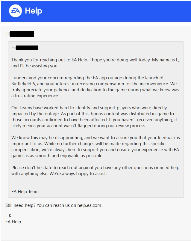 TheR3DMyst's tweet photo. @Battlefield @BattlefieldComm @VinceZampella 
Unable to play for 6 hours on release and yet I wasn't "flagged for compensation"?! I've been in Contact with EA Help for weeks, just to be met with disappointment. 

Please make it make sense. https://t.co/KhrDbmI92x