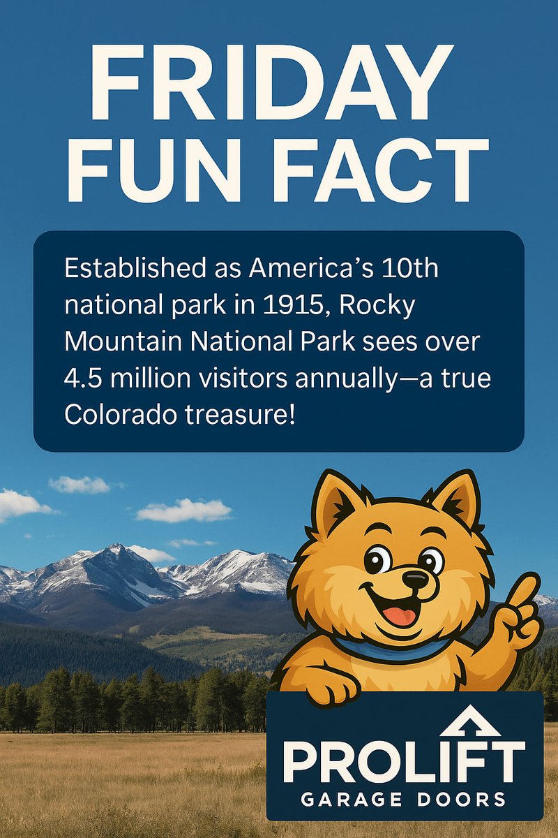 ProLiftDoorsCOS's tweet image. 🌲🐾 Friday Fun Fact from ProLift Pup! 🐾🌲
Did you know that Rocky Mountain National Park is home to more than 60 mountain peaks over 12,000 feet and over 350 miles of hiking trails? 

🛠️ Trust local. Trust ProLift.
#FridayFunFact #ProLiftPup #GarageDoors #ColoradoSprings