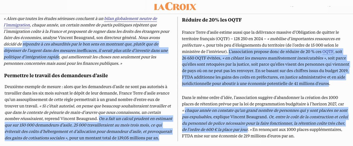 Immigration : Comment économiser 3,3 milliards d’euros ?

C'est simple :

- Permettre aux demandeurs d’asile de travailler (dans l'intérêt de tous &amp; de nos finances)
- Réduire de 20 % les OQTF (car coûtent très cher &amp; sont inexécutables)

(Et bien d'autres mesures de... bon sens)