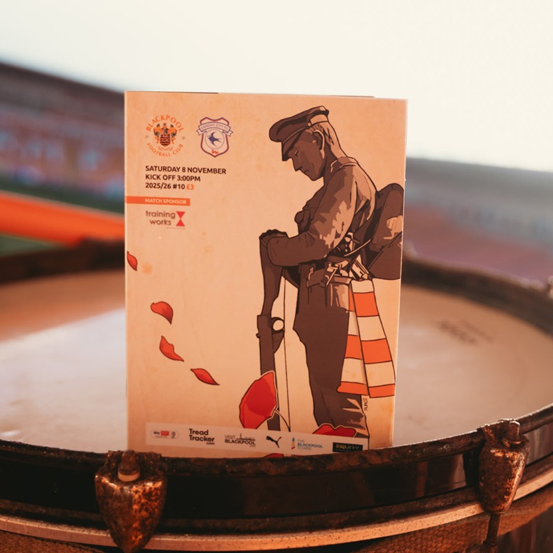 BlackpoolFC's tweet photo. Artist in Residence @Purdz14 has specially designed tomorrow's matchday programme for our remembrance fixture against @CardiffCityFC. 📙

🍊 #UTMP
