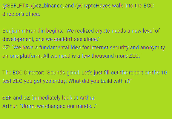 Stepan39818464's tweet photo. @CryptoHayes @SBF_FTX @cz_binance My ZEC address for the prize: t1V9LG7gsUbc2d6g8JcLroCGdVpyLg2hCMi

Good luck to all! #ZEC #memecontest https://t.co/OuiJUsHB7M