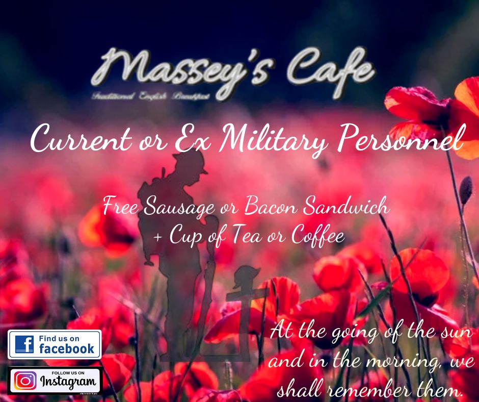 If You Are Going To A Local Remembrance Service On Sunday, Oldbury, West Bromwich, Wednesbury.

Stop By And Grab Yourself A Free Sausage or Bacon Sandwich

From Massey's Cafe, Thank You For Your Service.

<a href="/PoppyLegion/">Royal British Legion</a> ❤️
<a href="/sandwellcouncil/">Sandwell Council</a>

PLEASE RETWEET TO GET THE MESSAGE OUT 💙